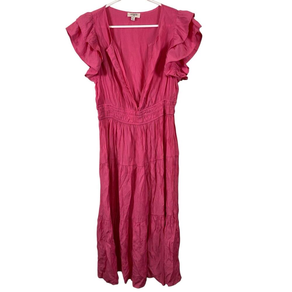Umgee Ruffle Short Sleeve A Line‎ Tiered Flowy Casual Midi Dress Pink sz Medium
